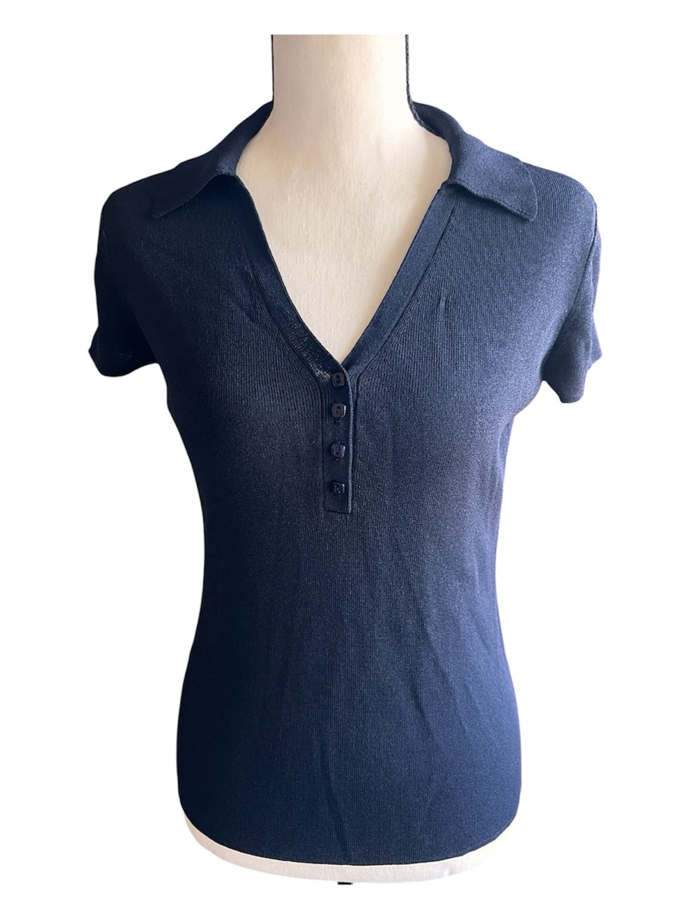 Geoffrey Beene Sport Navy Blue Ribbed Knit Polo Top Henley  Short Sleeve Size S